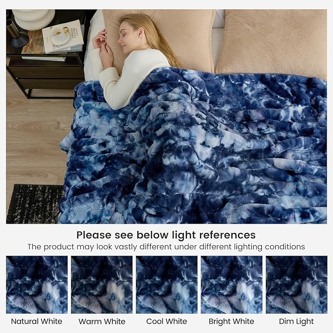 Cozy Bliss Faux Fur Throw Blanket for Couch, Fuzzy Soft Plush Thick Striped Blanket for Sofa Bedroom Living Room, 50 * 60 Inches Tie-dye Blue