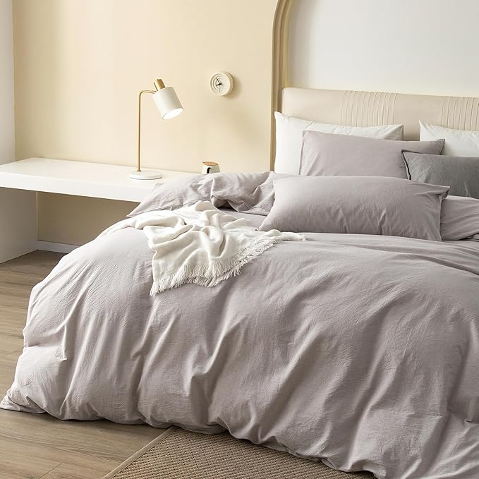 JIYUAN 100% Washed Cotton Duvet Cover Set 3 Pieces Super Queen, 1 Duvet Cover 90x98 Inches(Comforter Not Included) and 2 Pillowcases,Linen Feel Bedding Set Comfy and Breathable, Heathered Linen