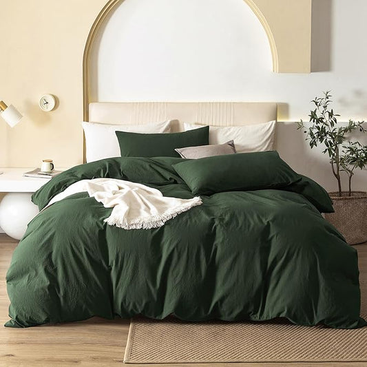 JIYUAN 100% Washed Cotton Duvet Cover Set 3 Pieces Oversized Queen, 1 Duvet Cover 98x98 Inches(Comforter Not Included) and 2 Pillowcases,Linen Feel Bedding Set Comfy and Breathable,Forest Green