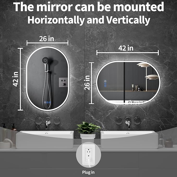 Bathroom Mirror 26"x42" LED Bathroom Mirror with Lights, Anti-Fog, Dimmable Oval Mirrors with Front Light and Backlit, Modern Farmhouse Wall Mounted Mirror for Decorative