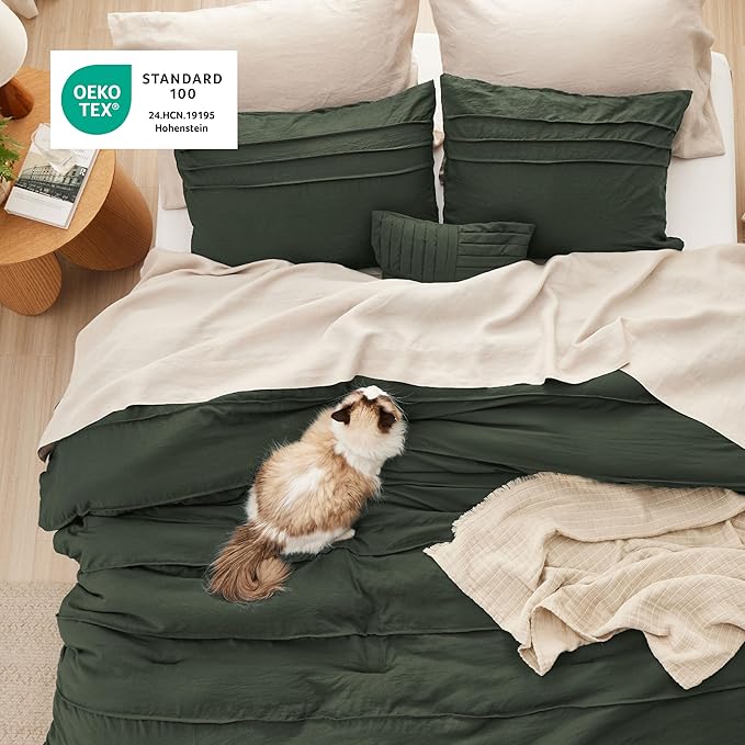 Bedsure California King Comforter Set - 4 Pieces Pinch Pleat Bed Set, Olive Green Boho Bedding for All Season, 1 Soft Comforter, 2 Pillowcases, 1 Decorative Pillow