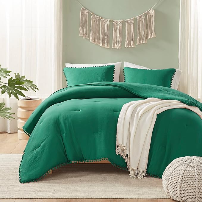 Codi Emerald Green Full/Queen Comforter Set - Boho Aesthetic Bedding with Luxurious Pom Fringe, Soft Washed Microfiber 3pc Set, Couple-Friendly Lightweight Design, 1 Comforter & 2 Pillow Shams