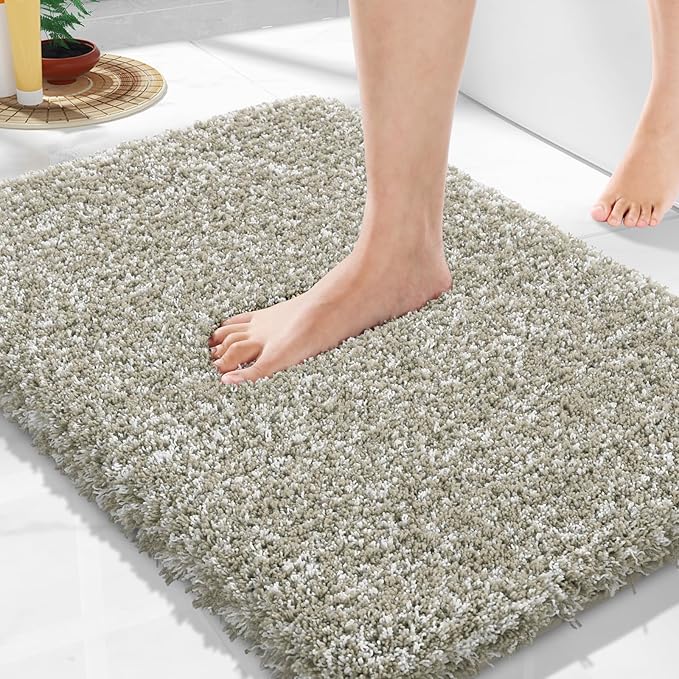 Yimobra Bathroom Rugs Non Slip Washable, Ultra Soft and Water Absorbent Bath Mats, Plush Fluffy Shower Mat Outside, Microfiber Thick Matts for Bathroom Floor/Sink, 24x17, Light Tan and White