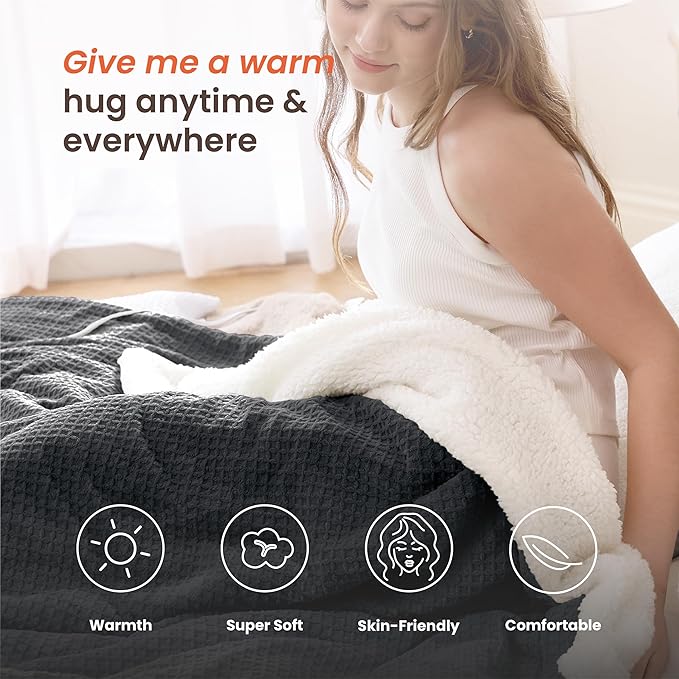Heated Blanket Electric Blanket Full Waffle,72x84 Inches Sherpa Fleece Fast Heating Blanket 6 Heating Levels & 10 Hours Auto Off ETL Certification,Charcoal Grey Full