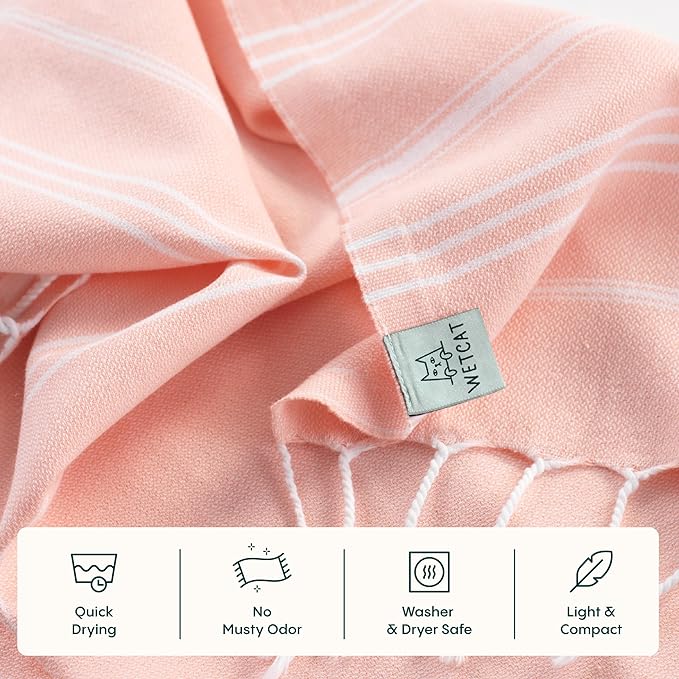 WETCAT Turkish Hand Towels with Hanging Loop, Set of 2 (20" x 30") 100% Turkish Cotton, Pre-Washed, Quick Drying, for Kitchen or Bathroom - Peach