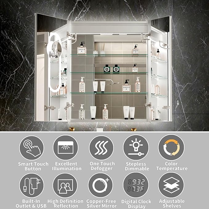 Lighted Medicine Cabinet with Mirror 30"x36" Recessed LED Medicine Cabinet Mirror, Front&Backlit, 3-Color Temperatures, Stepless Dimming, Anti-Fog, Magnifier, 2 Outlets, Storage Shelves, ETL Certified