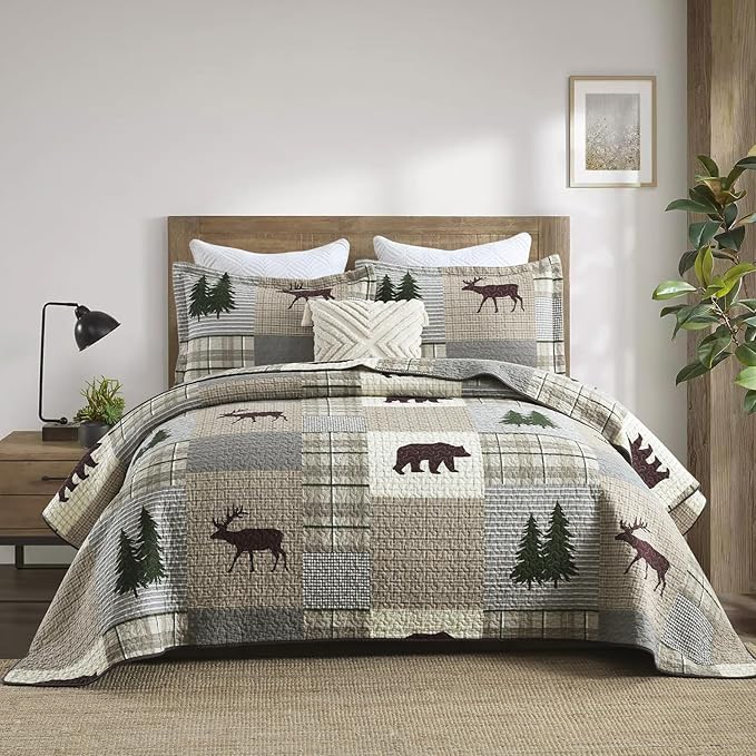 Uniclinens Quilt Set Queen Size, Cotton Quilted Quilt Bedding Set Bedspread, Bear Tree Elk Farmhouse Rustic Quilt, Patchwork Plaid Comforter Set, 3 Pieces Set with 2 Pillowshams, Brown/Grey/Green