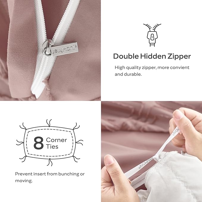 JELLYMONI Duvet Cover Queen Size Smokey Pink - 3PCS Boho Duvet Cover Set Plaid Polyester Tufted Bohemian Jacquard Knit Textured Comforter Cover 90×90in Rhombic Geometric Pattern Zipper Corner Tie