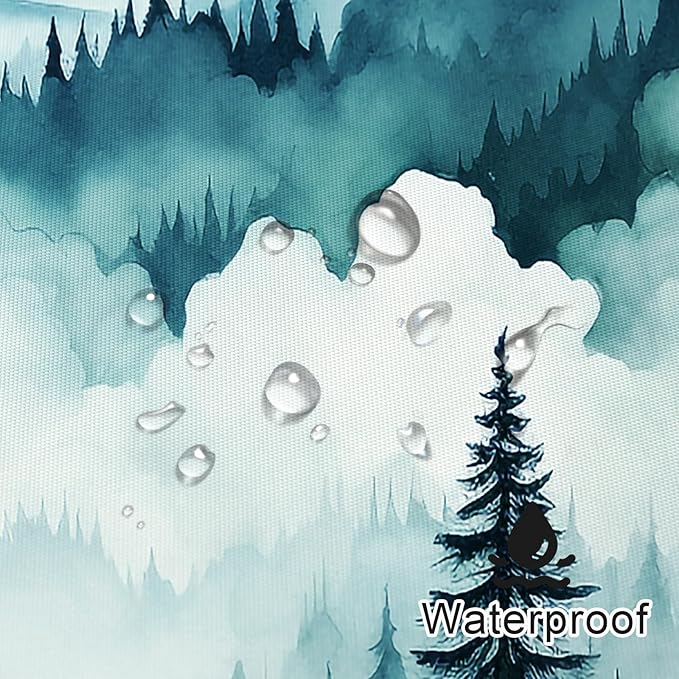 Peacock Blue Extra Long Misty Pine Forest Shower Curtain 72 x 84, XL Mountain Foggy Woodland Scenery Tree Shower Curtains for Bathroom, Abstract Waterproof Nature-Themed Decor