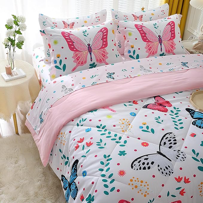 Wajade Butterfly Twin Comforter Set for Girls Kids Bedding Sets for Girls 7 Pieces Bed in a Bag Colorful Butterflies Flower Leaves Bedding Set All Season Lightweight