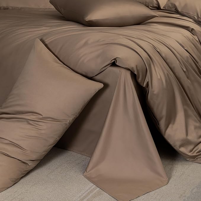 MooMee Duvet Cover Set 100% Extra Long Staple Cotton 600 Thread Count Silky Sateen Smooth Luxury Soft Breathable Durable Hotel Quality Bedding, 3 Pieces (Brown, Queen 90"x90")