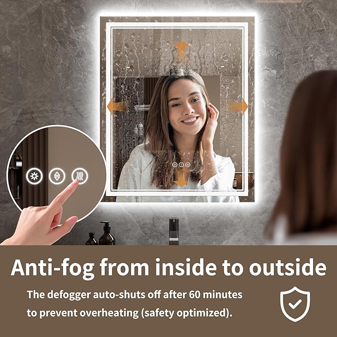 Bathroom Mirror with Lights 30"X36" with Front Light and Backlit, Tempered Glass, Wall Mount Horizontal/Vertical, Stepless Dimmable, 3 Colors, Anti Fog, Bathroom Memory LED Mirror