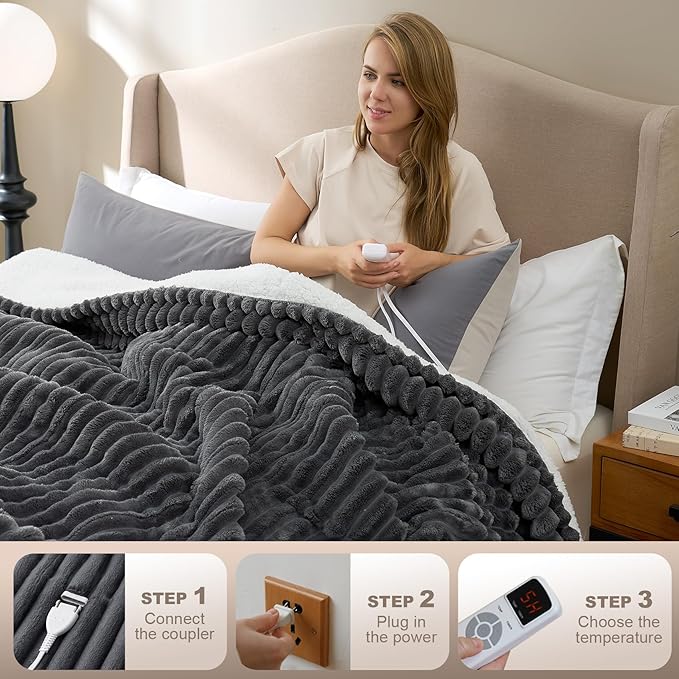 Hansleep Heated Blanket King Size Electric Throw Dual Control, Heating Blanket with 9 Heating Levels and 10-Hour Timer Auto Shut Off, Washable Soft Warm Winter Blanket, 90 x 100 Inches, Dark Grey