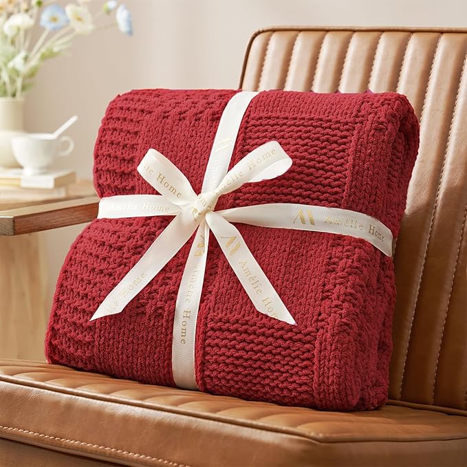 Amélie Home Checkered Chenille Knit Throw Blanket for Couch, Classic Texture Decorative Soft Blanket for Sofa, Chair & Bedroom, 50"x60", Red
