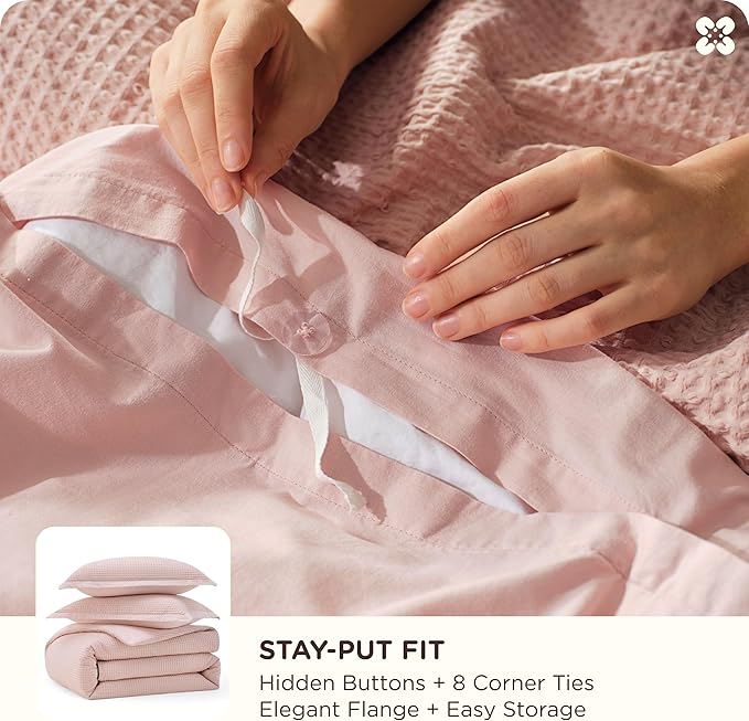 Bedsure Cotton Duvet Cover King - 100% Cotton Waffle Weave Pink Duvet Cover King Size, GentleSoft™ and Breathable Bedding Set for All Season, 3 Pieces, 104"x90"