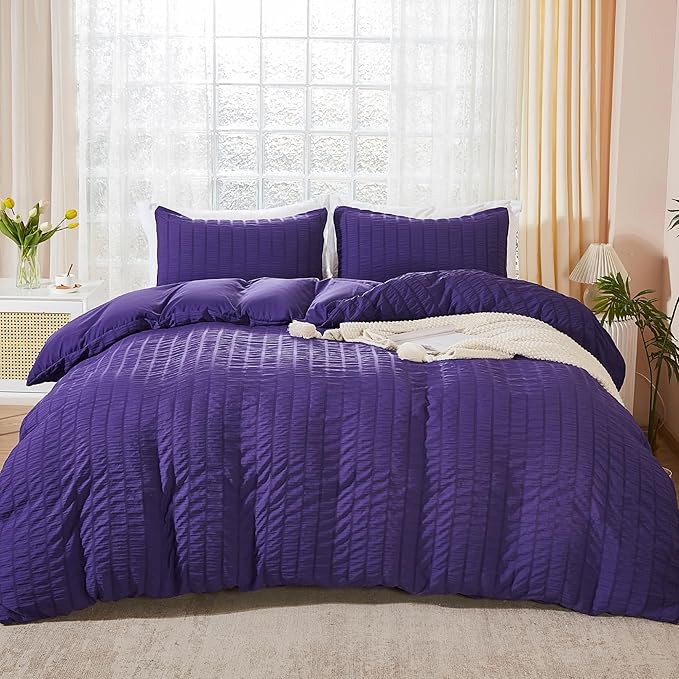 AveLom Dark Purple Duvet Cover Cal King(104 x 98 inches), 3 Pieces (1 Duvet Cover, 2 Pillowcases), Seersucker Striped Soft Washed Microfiber, Textured Duvet Cover Set with Zipper Closure, Corner Ties