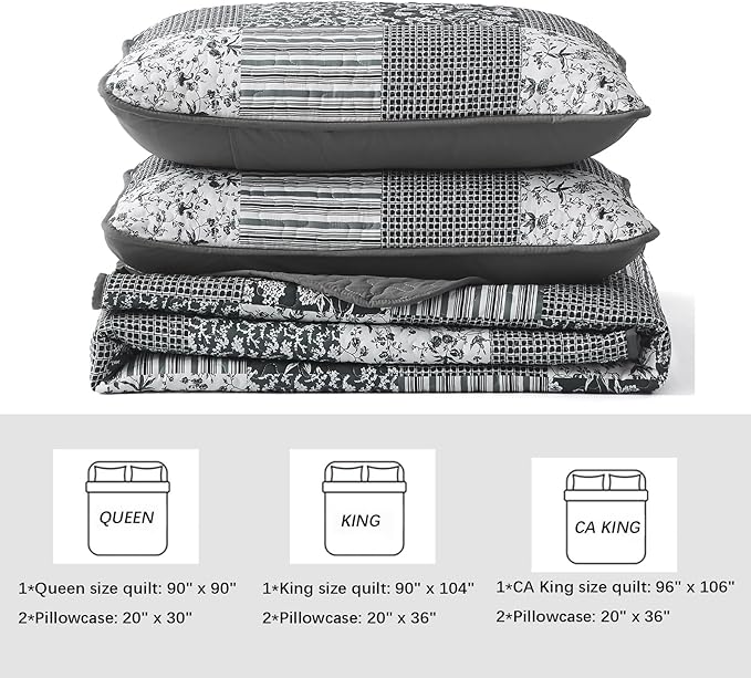 Mybedsoul Black Grey Boho Quilt Set California King Size,3 Pieces Plaid Floral Bedspread Coverlet Set for All Season,Patchwork Reversible Bedding Set 106"x 96"