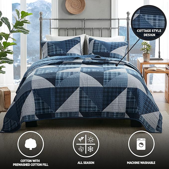 Woolrich Reversible Quilt Set - Cottage Styling Reversed to Solid Color, All Season Lightweight Coverlet, Cozy Bedding Layer, Matching Shams, Oversized King/Cal King, Olsen Geometric Blue