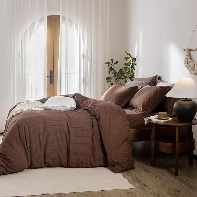 Stripe Duvet Cover King Size 104inch x 90inch,100% Washed Cotton Pinstripe Duvet Cover with Zipper Closure and 2 Pillowcases, Color of Cocoa Brown-Black Stripe