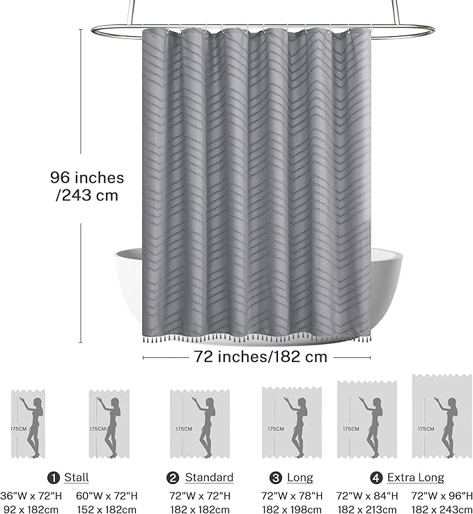 Extra Long Grey Boho Shower Curtain with Tassel, Woven Fabric 96 in Shower Curtain, Tufted Chevron Striped, 72 x 96, Modern Chic Textured Minimalist Bathroom Shower