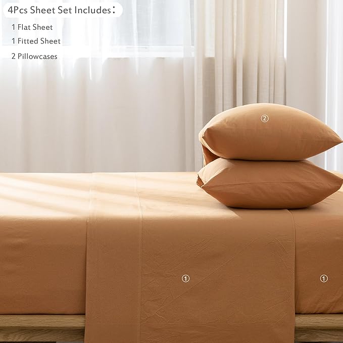 MooMee Bedding Sheet Set 100% Washed Cotton Linen Like Textured Breathable Durable Soft Comfy (Solid Burnt Orange, Full)