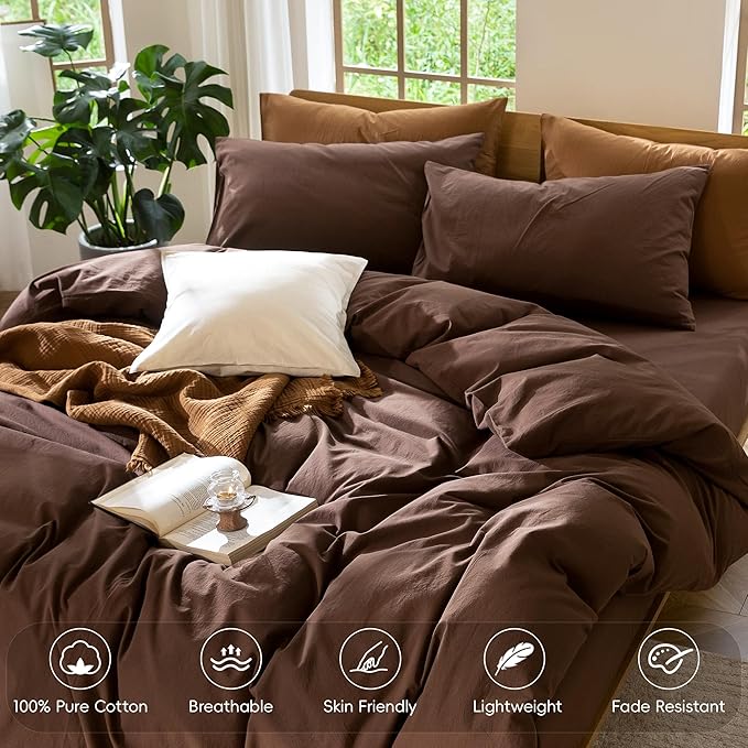 MooMee Bedding Duvet Cover Set 100% Washed Cotton Linen Like Textured Breathable Durable Soft Comfy (Solid Cocoa Brown, Oversized Queen 98"x98")