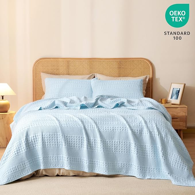 PHF 100% Cotton Waffle Weave Blanket Queen Size for Bed, Soft Lightweight & Breathable, All-Season Comfort, Luxury Aesthetic Woven Bedding for Home Decor, 90"x90", Baby Blue