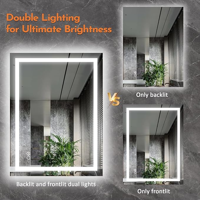 LED Bathroom Mirror with Backlit & Front Light, 40"x32" Anti-Fog, Memory Function, Dimmable Color & Brightness,CRI90+, IP54 Waterproof, Horizontal/Vertical, Wall Mounted
