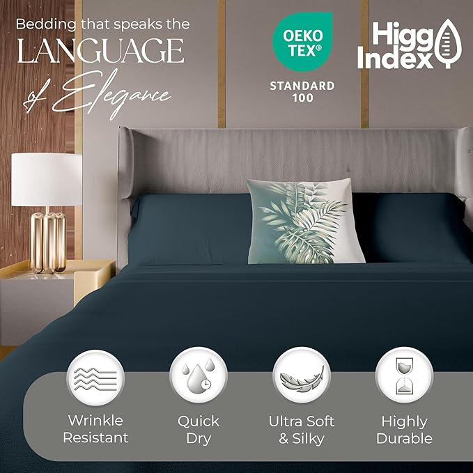 SUPREME ELEGANCE 1200 Thread Count King Dark Blue Sheet Set, Hotel Luxury Cotton Rich Ultra Soft Sateen Sheets, Easy Care Bed Sheet Set with Deep Pocket (1 Flat Sheet, 1 Fitted Sheet & 2 Pillowcases)