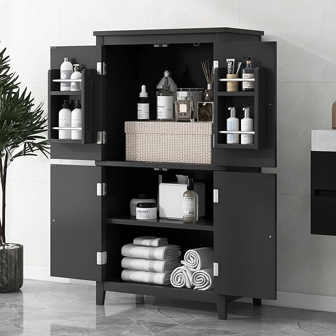 Freestanding Storage Cabinet with 4 Doors,Elegant Organizer Unit with Adjustable Shelves, Sturdy MDF Frame, Anti-Tipping Design, Large Capacity for Bathroom, Kitchen, Office, Home, Black