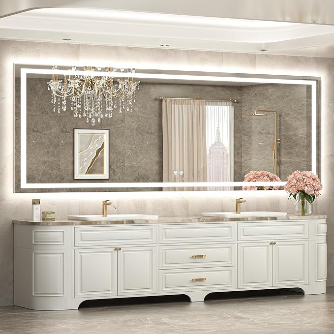 TETOTE 84 x 40 LED Lighted Bathroom Mirror with Lights Wall Mounted, Brighter Front and Backlit Led Vanity Mirror, 3-Color Dimmable Light up Anti Fog Mirror, Waterproof, Shatterproof Tempered Glass