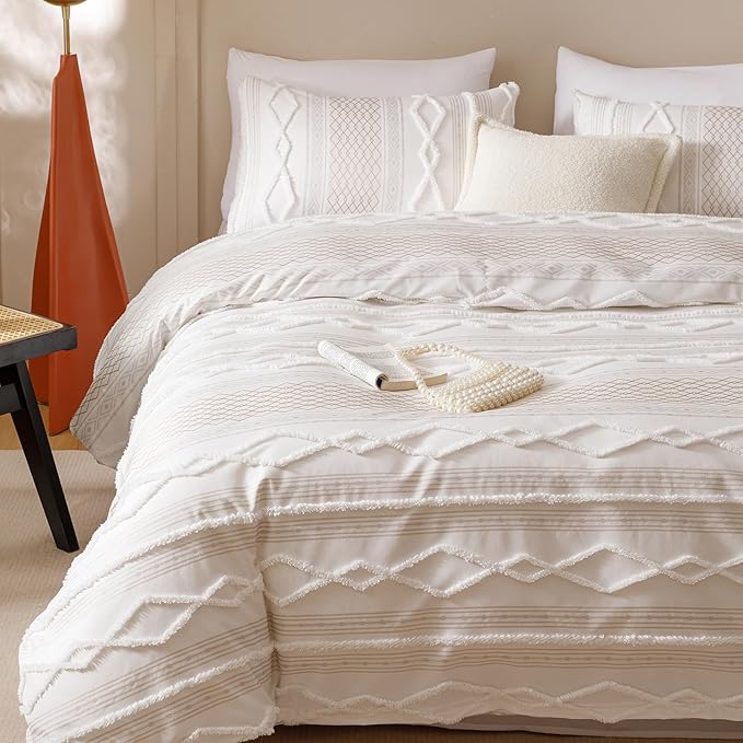 KAREVER Ivory Boho Comforter Set King Mixed Textures Jacquard Bedding Set Durable Chic and Stylish Bedroom Set