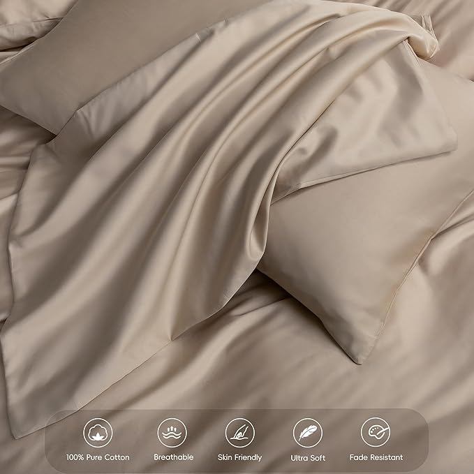 MooMee Duvet Cover Set 100% Extra Long Staple Cotton 600 Thread Count Silky Sateen Smooth Luxury Soft Breathable Durable Hotel Quality Bedding, 3 Pieces (Taupe, King 104"x90")