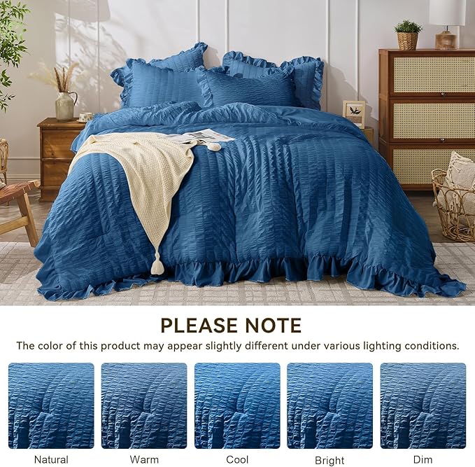 JOLLYVOGUE Teal Comforter Full Size, 3 Pieces Seersucker Lightweight Full Size Bedding, All Season Fluffy Microfiber Bedding Comforter Set with 1 Ruffle Comforter and 2 Ruffle Pillowshams