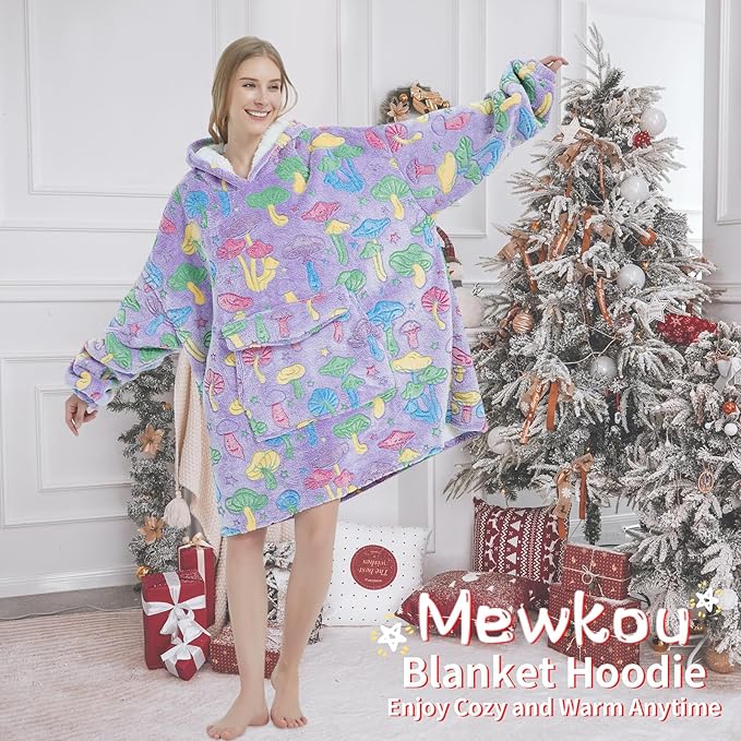 Glow in The Dark Mushroom Wearable Blanket Hoodie for Adult,Oversized Sherpa Fleece Blanket Hoodie for Women Men,Mushroom