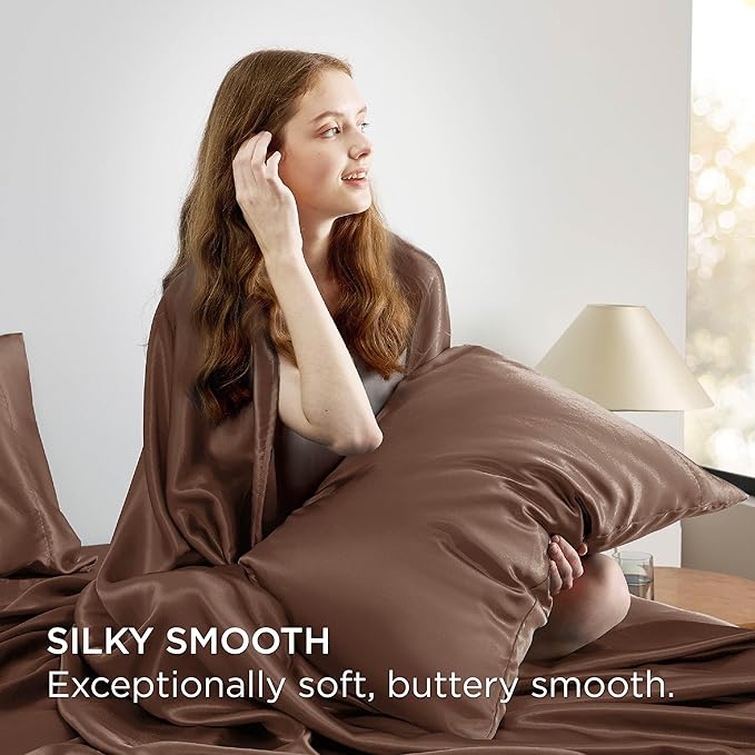 Bedsure Satin Sheets Queen Size - 4 Piece Silky Bedsheets with 15 Inches Deep Pocket Fitted Bedsheet,1 Flat Sheet, 2 Satin Pillowcases, Good for Hair & Skin (Queen, Coffee)