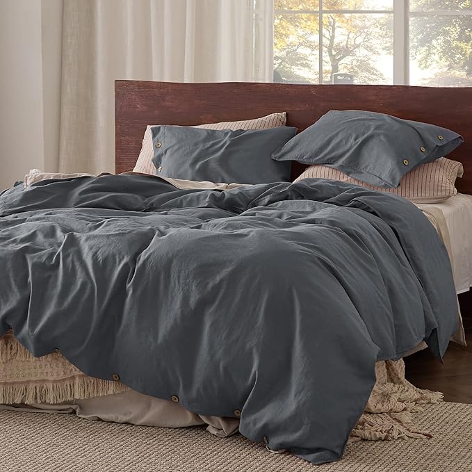 Bedsure Linen Duvet Cover King Size - Linen Cotton Blend Bedding Set, Soft & Cozy, 3 Pieces, 1 Duvet Cover 104x90 and 2 Pillowcases, Charcoal Grey Color Cooling Bedding, Comforter Sold Separately