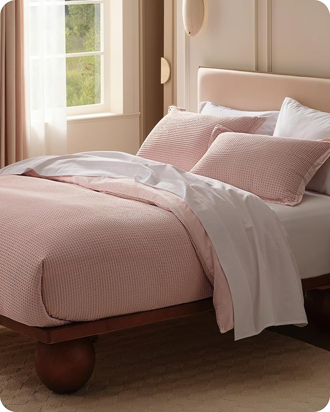 Bedsure Cotton Duvet Cover Queen - 100% Cotton Waffle Weave Pink Duvet Cover Queen Size, GentleSoft™ and Breathable Bedding Set for All Season, 3 Pieces, 90"x90"