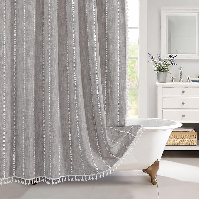 MitoVilla Boho Long Shower Curtain 72 x 78, Farmhouse 78 inch Long Polyester Linen Fabric Shower Curtains with Tassel for Chic Cottagecore French Rustic Bathroom Decor