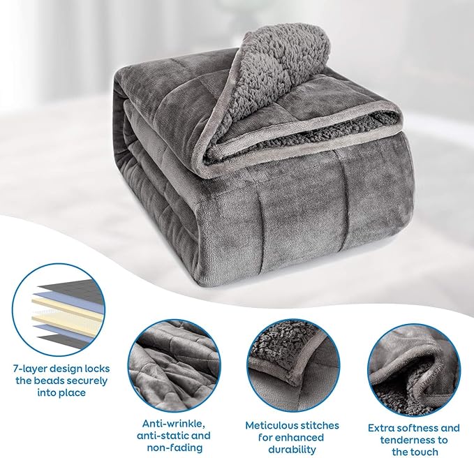 Cottonblue Sherpa Fleece Weighted Blanket 12lbs, Sherpa Flannel Cozy Plush Bed Blanket, Fuzzy Bedding Blankets Throw, Minky Soft Blanket for Sofa Bed, 48 x 72 inches,Grey