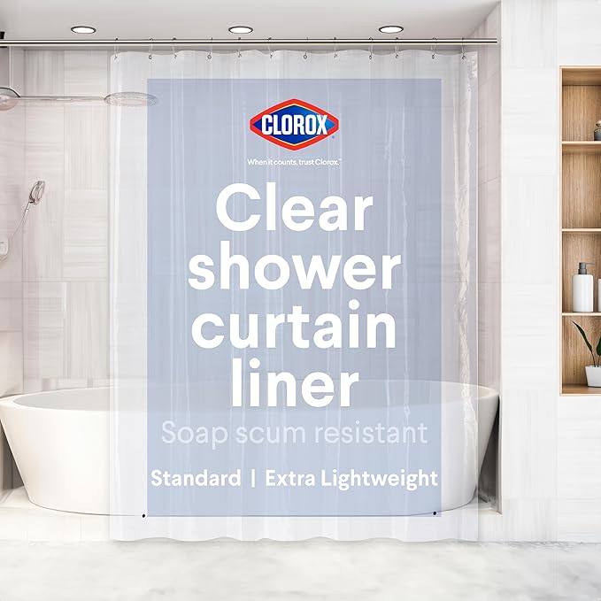 CLOROX Shower Curtain Liner, Premium Lightweight Flexible Waterproof 3g PEVA for Bathroom with Weighted Magnets, Standard Size 70" x 72", Clear 1 Pack