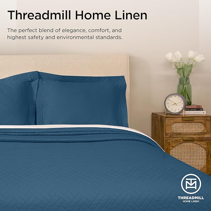 Threadmill Luxury Cotton Blankets for King Size Bed | All-Season Cozy 100% Cotton Blanket | Criss Cross Soft & Lightweight Coverlet fits California King Size Bed, 104x92 | Folkstone Blue