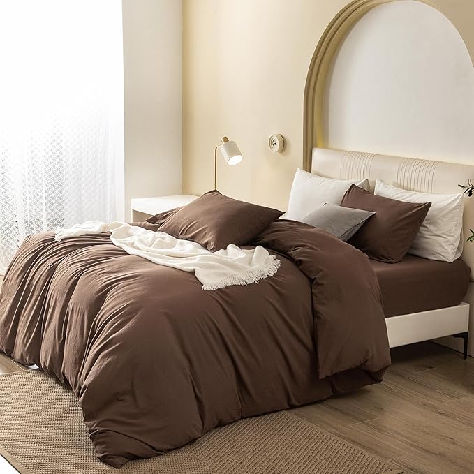 JIYUAN 100% Washed Cotton Duvet Cover Set 3 Pieces King, 1 Duvet Cover 104x90 Inches(Comforter Not Included) and 2 Pillowcases,Linen Feel Bedding Set Comfy and Breathable,Chocolate Brown