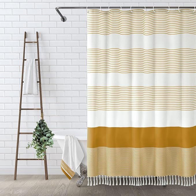 Awellife Gold Boho Shower Curtain for Bathroom Farmhouse Cotton Stripe Tassel Shower Curtain Natural Texture 72 X 72