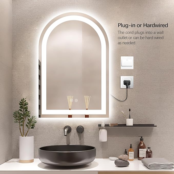Niccy Arched LED Bathroom Mirror, 36x24 Arch Wall Mounted Frameless Bathroom Mirror for Vanity, Smart Lighted Frontlit Mirrors with Memory Function for Bathroom Bedroom Beauty Hair Salon