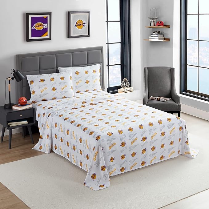 NORTHWEST Officially Licensed Los Angeles Lakers NBA Full Size Sheet Set – Soft Team Logo Bedding for Dorms, Bedrooms, Fan Caves & Game Day Style