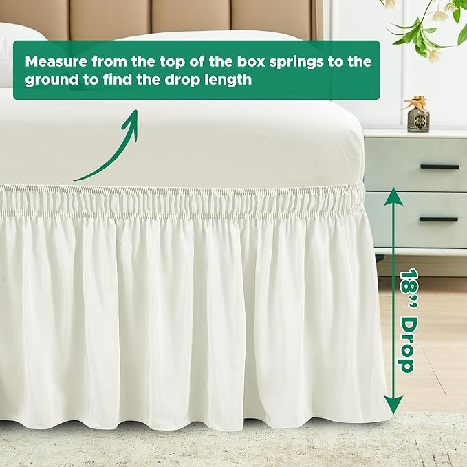 Biscaynebay Wrap Around Bed Skirts for Twin & Twin XL Beds 18" Long Drop, Ivory Adjustable Elastic Dust Ruffles Easy Fit Wrinkle Resistant Silky Luxurious Fabric Machine Washable