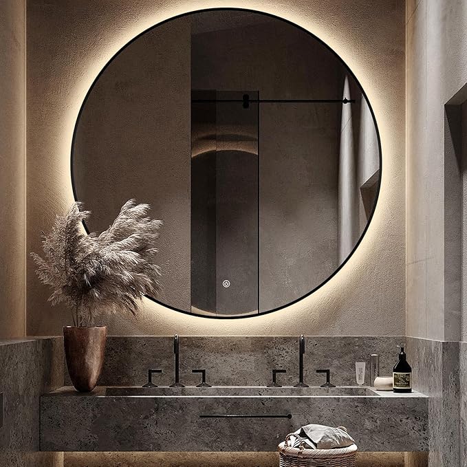 Niccy 40" LED Backlit Round Mirror for Bathroom, Black Framed Vanity Light Wall Mirrors LED Smart Circle Mirrors with 3 Lighting Colors, Lighted Round Mirror with Anti-Fog, IP65 Waterproof