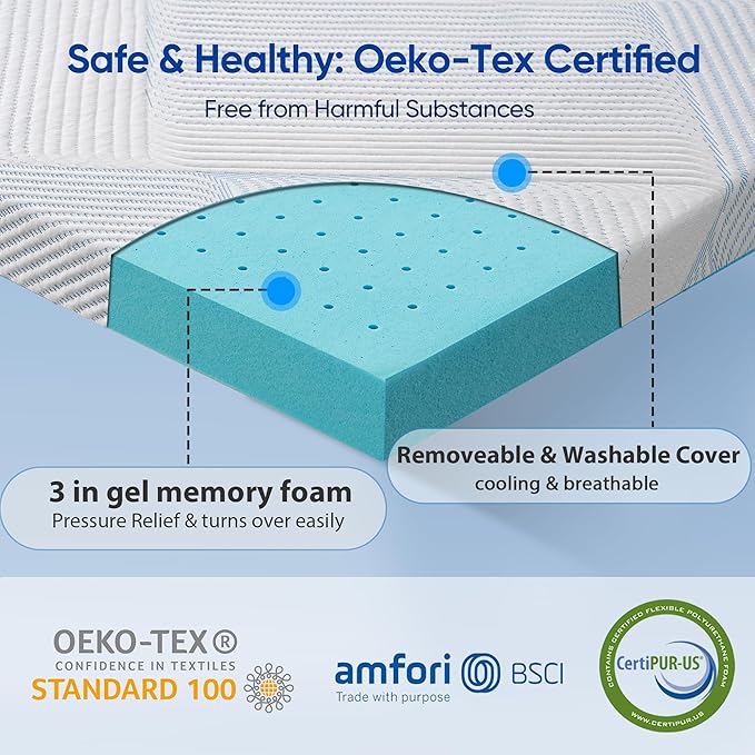3 Inch Twin Size Gel Memory Foam Mattress Topper for College Dorm Bed High Density Cooling Pad Pressure Relief Bed Topper with Removable & Washable Cover