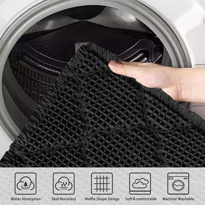 ZALL Black Waffle Bath Mat,Super Absorbent Non Slip Bathroom Rug,Brown 24X72 inch, Geometric Diamond Machine Washable Ultra Soft Floor Mats